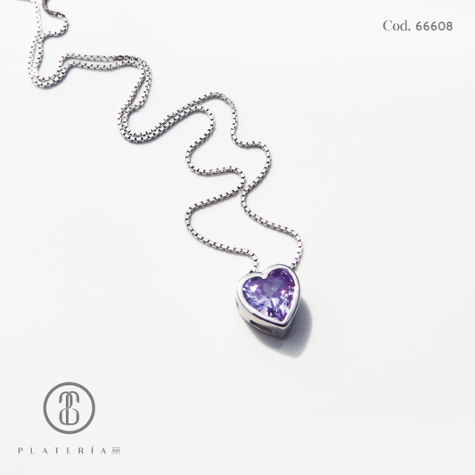 GARGANTILLA RODINADA CORAZON 6MM ZIRCON LILA PLATA.925