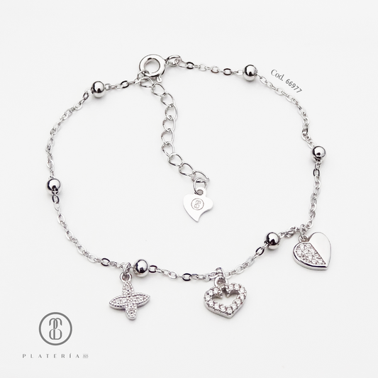 PULSERA RODINADA CORAZONES PLATA.925