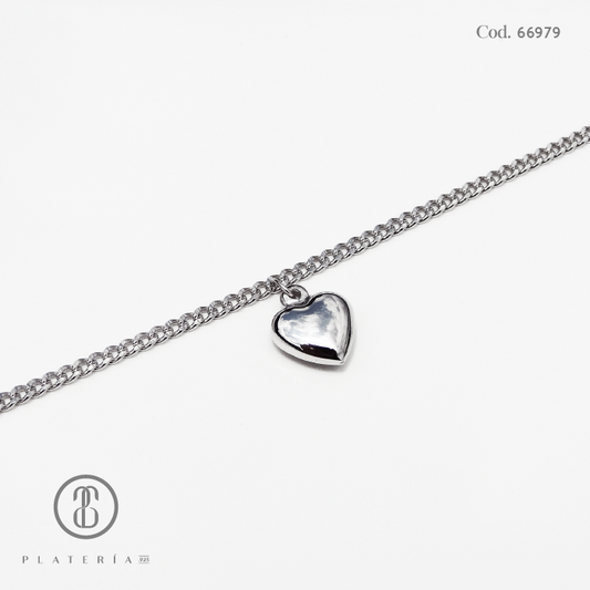 PULSERA RODINADA DIJE CORAZON LISO PLATA.925