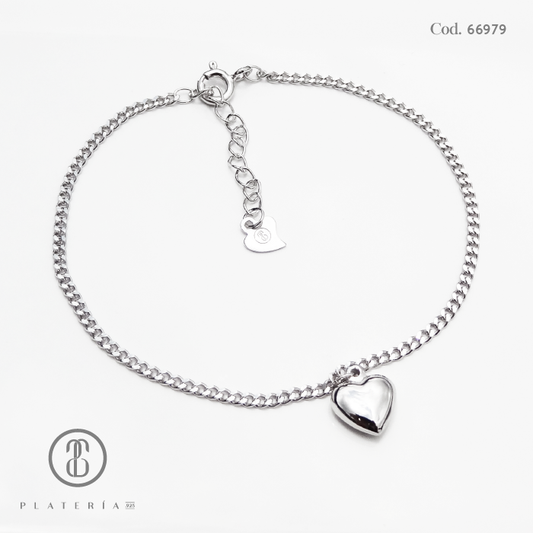 PULSERA RODINADA DIJE CORAZON LISO PLATA.925