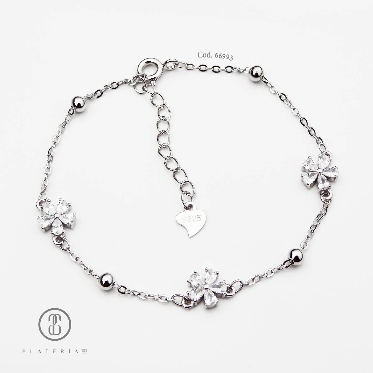 PULSERA RODINADA FLORES ZIRCON PLATA.925