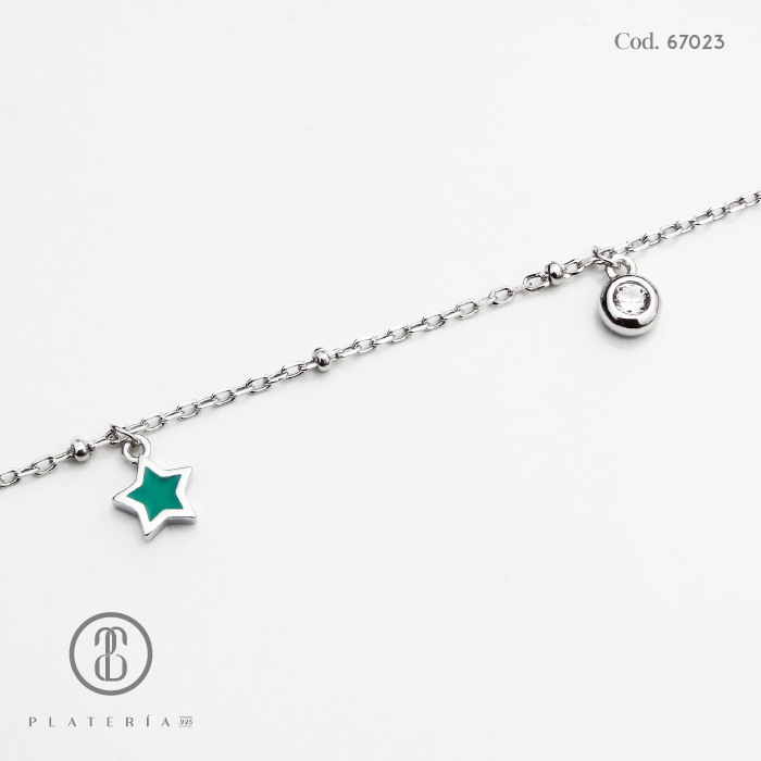 TOBILLERA RODINADA ESTRELLA MENTA PLATA.925