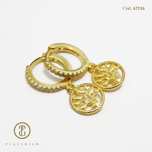 HOOP DORADO BAÑO 14K DIJE ARBOL DE VIDA PLATA.925