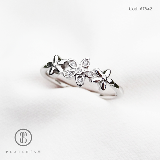 ANILLO RODINADO FLORES PLATA.925