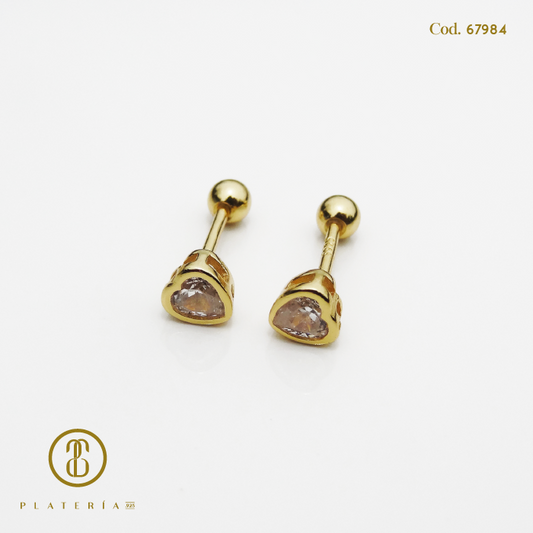 ARETE DORADO BAÑO 14K CORAZON 4MM CIERRE BOLITA PLATA.925