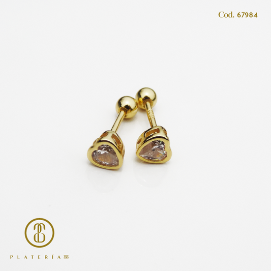 ARETE DORADO BAÑO 14K CORAZON 4MM CIERRE BOLITA PLATA.925