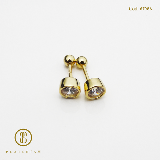 ARETE DORADO BAÑO 14K BISELADO 5MM CIERRE BOLITA  PLATA.925