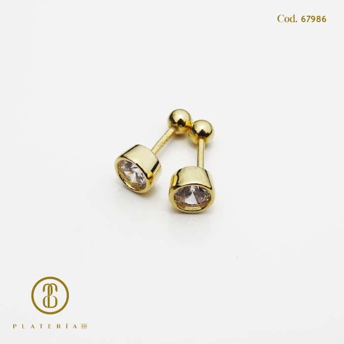 ARETE DORADO BAÑO 14K BISELADO 5MM CIERRE BOLITA  PLATA.925
