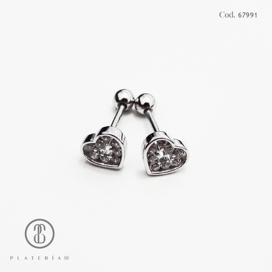 ARETE RODINADO CORAZON CIERRE BOLITA PLATA.925
