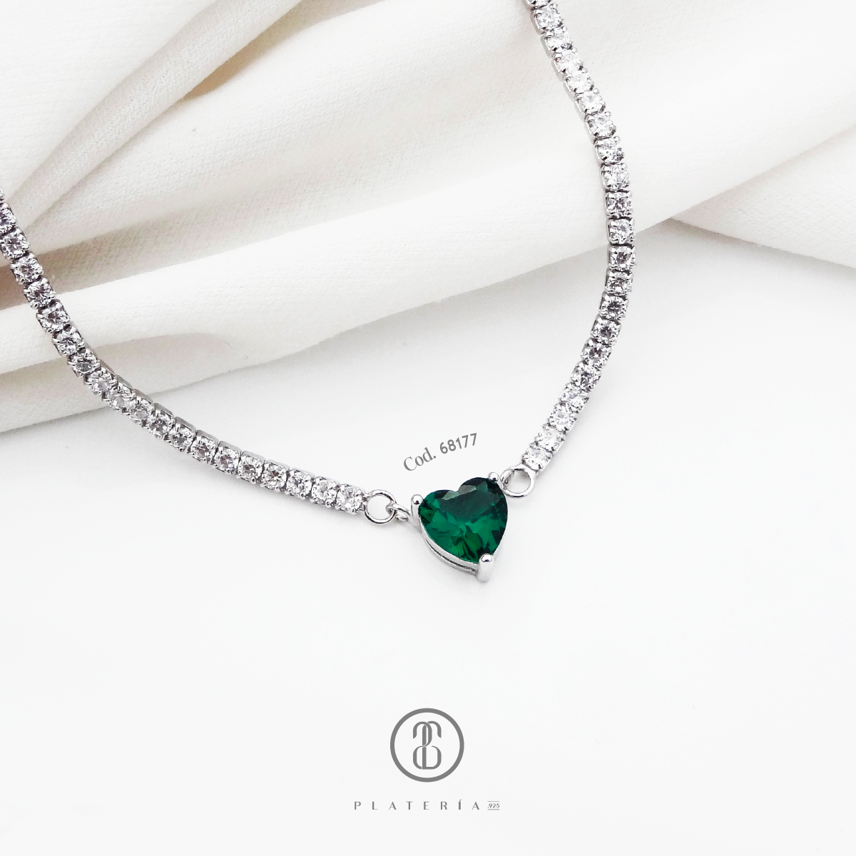 GARGANTILLA RODINADA 45CM ZIRCON CORAZON VERDE PLATA.925