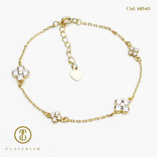 PULSERA DORADA BAÑO 14K FLOR ZIRCON PLATA.925