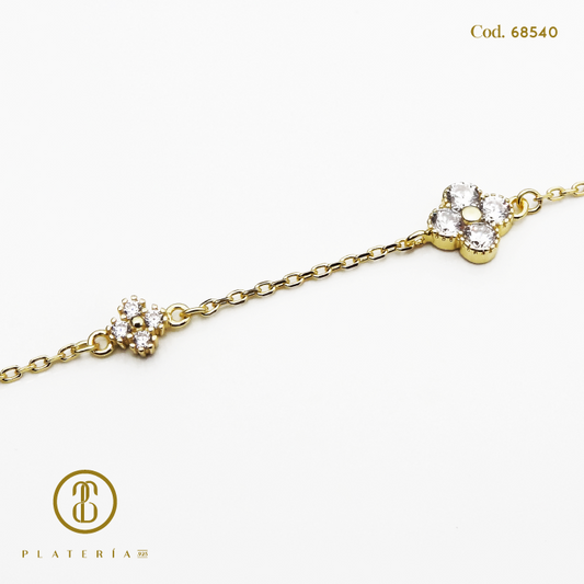 PULSERA DORADA BAÑO 14K FLOR ZIRCON PLATA.925