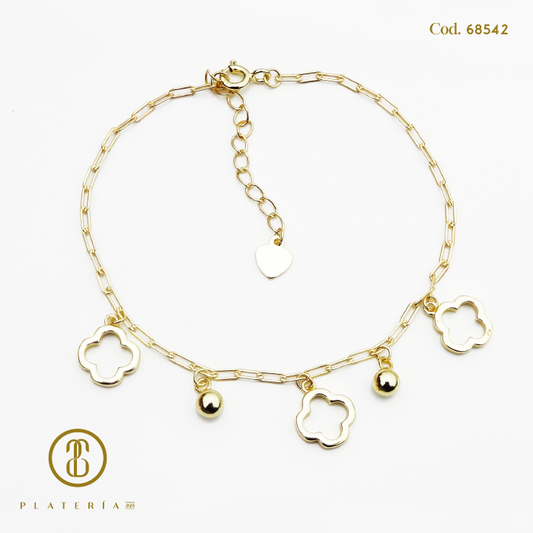 PULSERA DORADA BAÑO 14K TREBOL PLATA.925