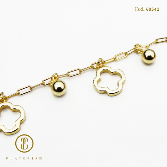PULSERA DORADA BAÑO 14K TREBOL PLATA.925