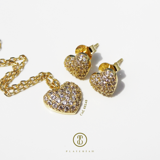 JUEGO DORADO BAÑO 14K CORAZON PLATA.925