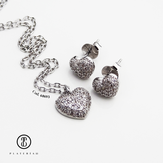 JUEGO RODINADO CORAZON PAVE PLATA.925
