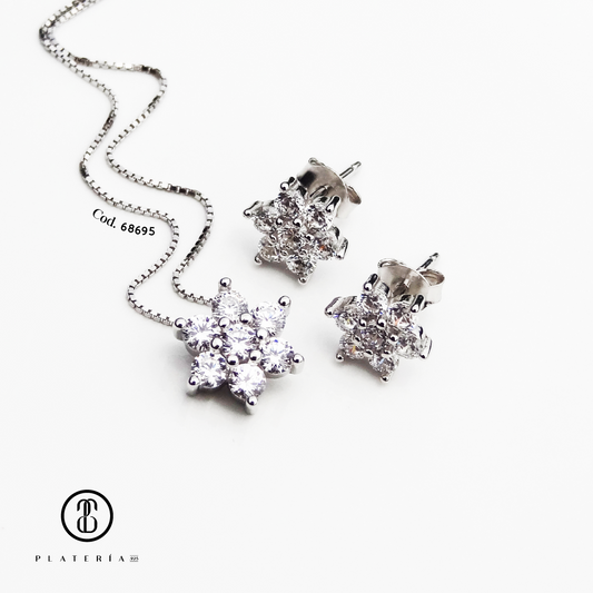 JUEGO RODINADO FLOR ZIRCON PLATA.925