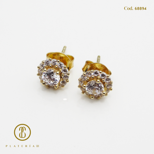 ARETE DORADO BAÑO 14K FLOR ZIRCON PLATA.925