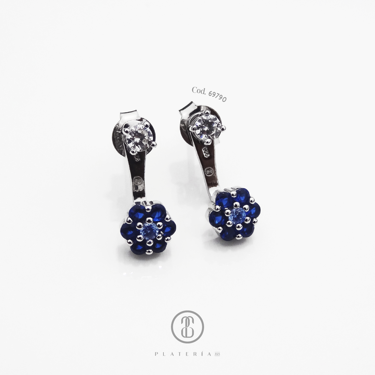 ARETE RODINADO DOBLE ZIRCON CON FLOR AZUL PLATA.925