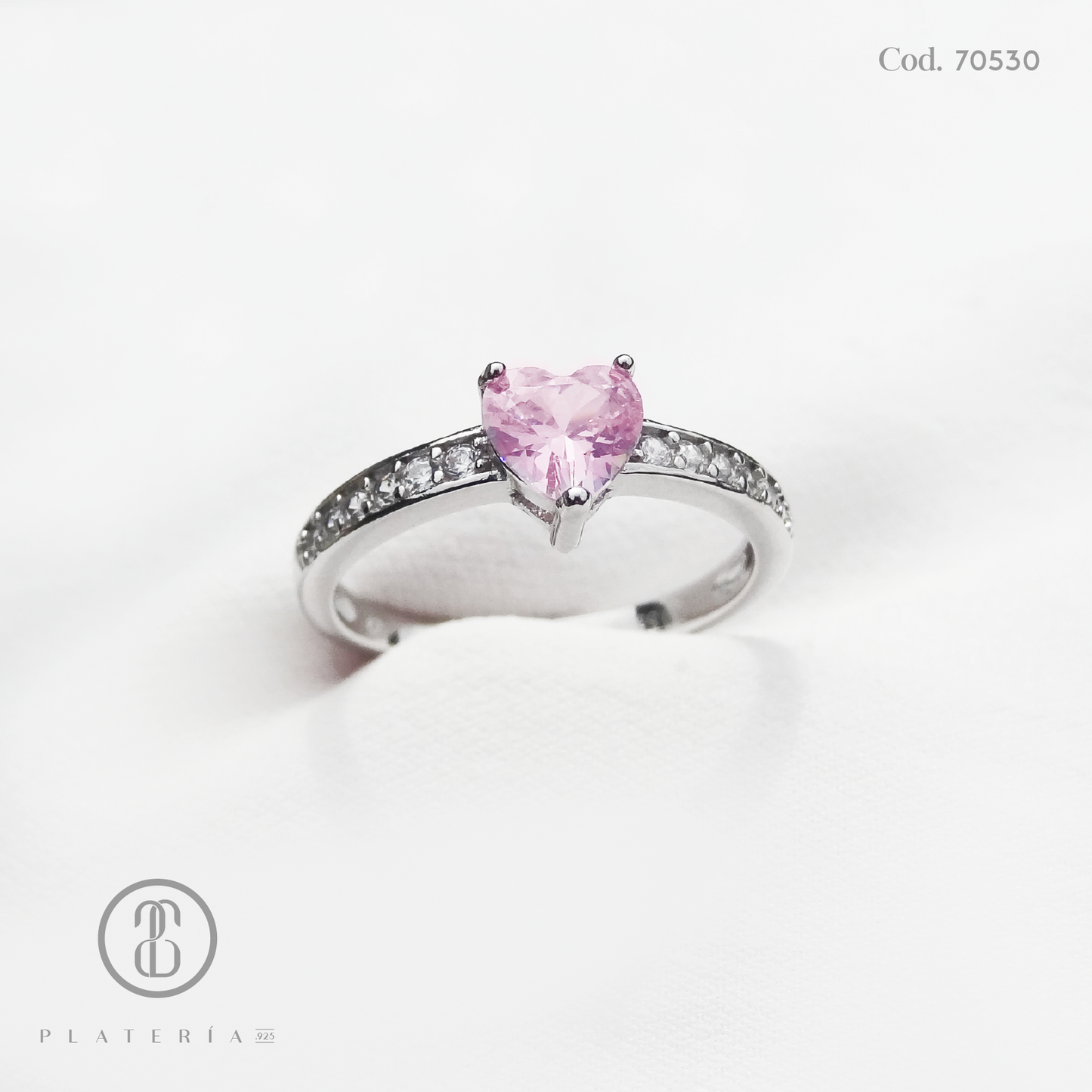 ANILLO RODINADO CORAZON ROSA PROMESA PLATA.925