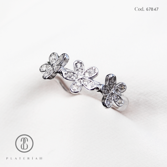 ANILLO RODINADO FLORCITAS PLATA.925