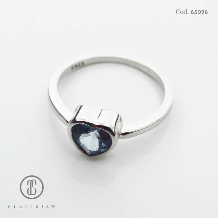 ANILLO RODINADO CORAZON AGUAMARINA PLATA.925