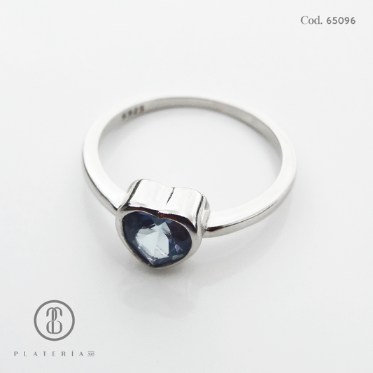 ANILLO RODINADO CORAZON AGUAMARINA PLATA.925