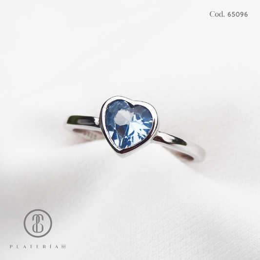 ANILLO RODINADO CORAZON AGUAMARINA PLATA.925