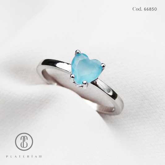 ANILLO RODINADO CORAZON CELESTE PLATA.925