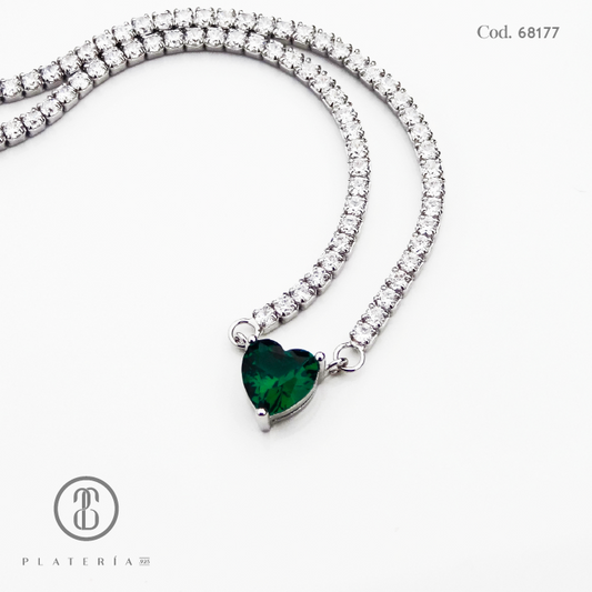 GARGANTILLA RODINADA 45CM ZIRCON CORAZON VERDE PLATA.925