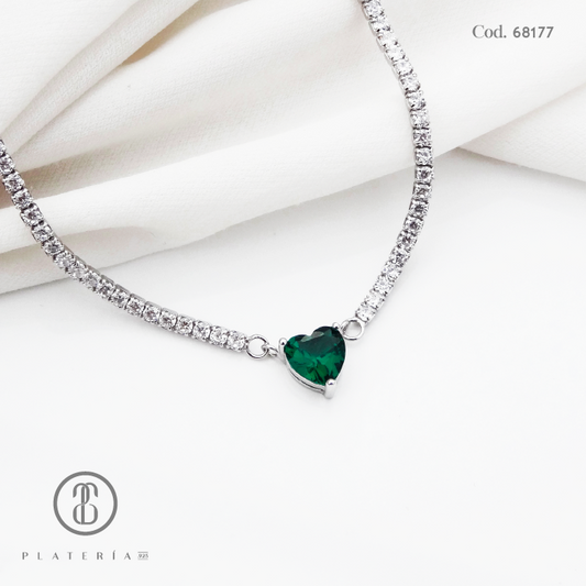 GARGANTILLA RODINADA 45CM ZIRCON CORAZON VERDE PLATA.925