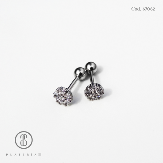 ARETE RODINADO CIERRE BOLITA FLORCITA PLATA.925