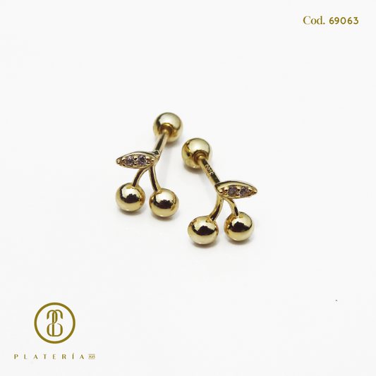 ARETE DORADO BAÑO 14K CIERRE BOLITA CEREZA PLATA.925