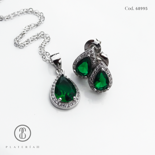 JUEGO RODINADO GOTA ZIRCON VERDE PLATA.925