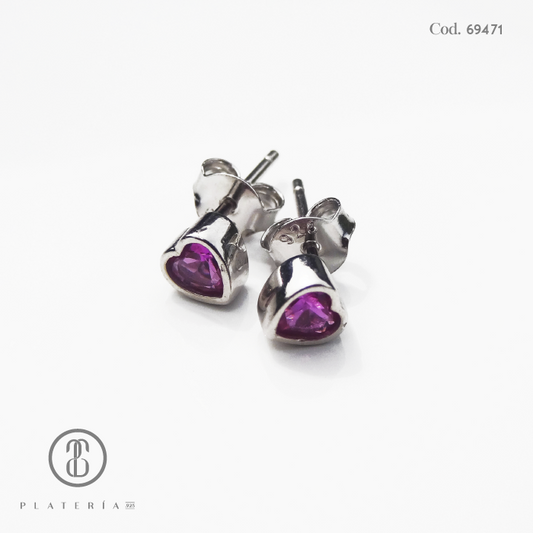 ARETE RODINADO CORAZON 5.5MM FUCSIA PLATA.925