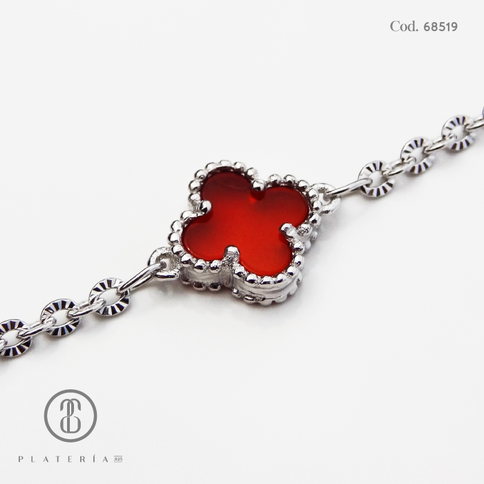 PULSERA RODINADA TREBOL AGATA ROJA 17*3CM PLATA.925