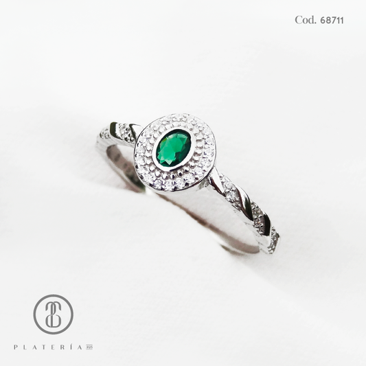 ANILLO RODINADO ZIRCON VERDE PLATA.925