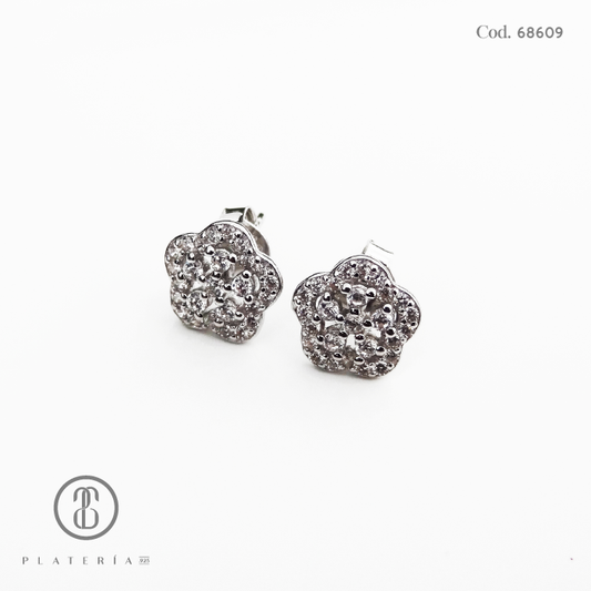 JUEGO RODINADO FLOR ZIRCON PLATA.925