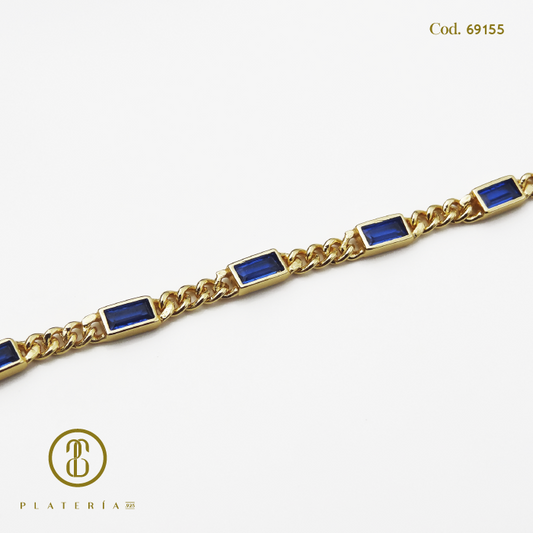 PULSERA DORADA BAÑO 14K ZIRCON AZUL PLATA.925