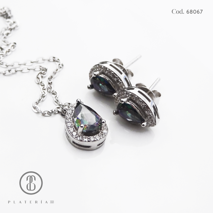 JUEGO RODINADO GOTA TORNASOL CIERRE BOLITA PLATA.925