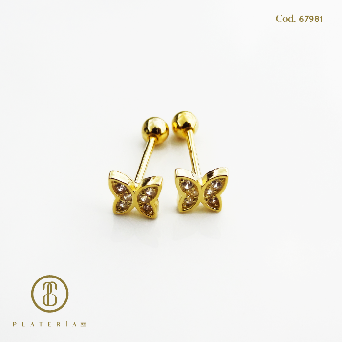 ARETE DORADO BAÑO 14K MARIPOSA CIERRE BOLITA PLATA.925