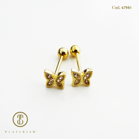 ARETE DORADO BAÑO 14K MARIPOSA CIERRE BOLITA PLATA.925