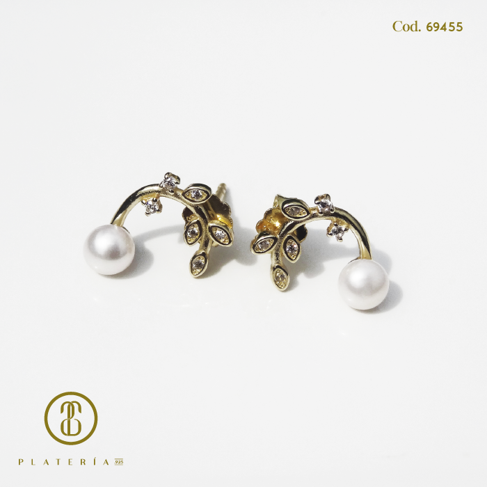 ARETE DORADO BAÑO 14K HOJITAS PLATA.925