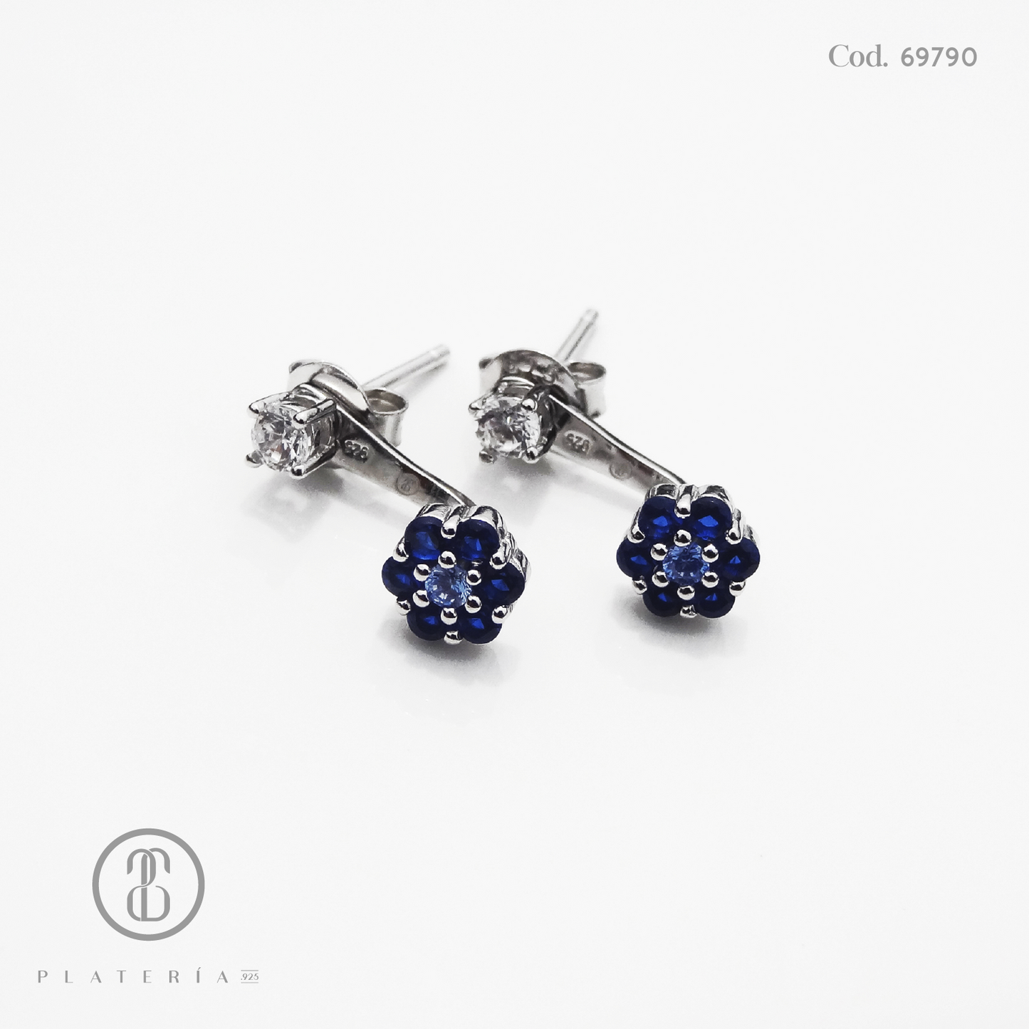 ARETE RODINADO DOBLE ZIRCON CON FLOR AZUL PLATA.925
