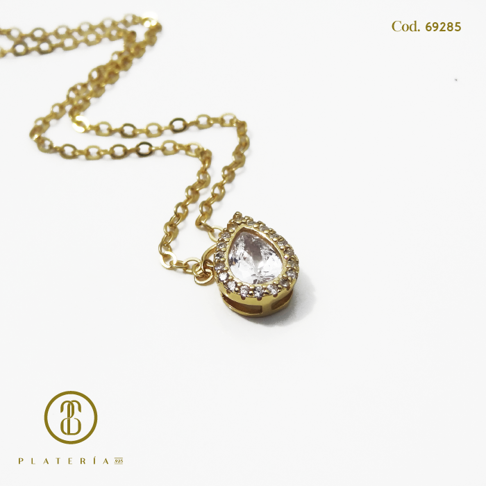 GARGANTILLA DORADA BAÑO 14K GOTA ZIRCON PLATA.925