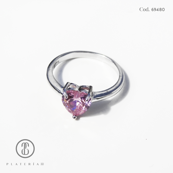 ANILLO RODINADO CORAZON ROSADO PLATA.925