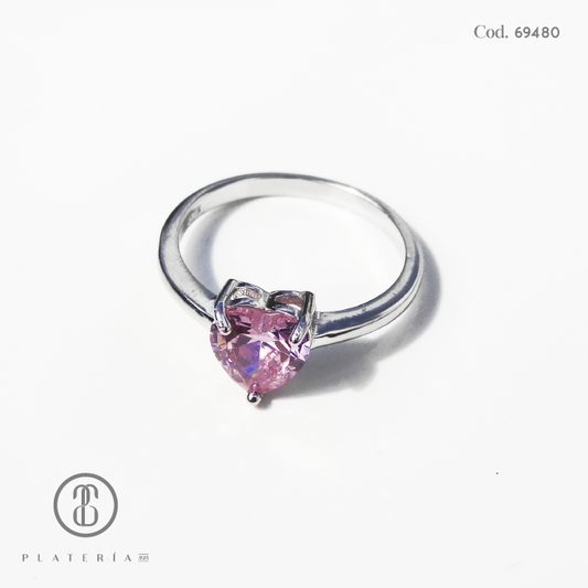 ANILLO RODINADO CORAZON ROSADO PLATA.925