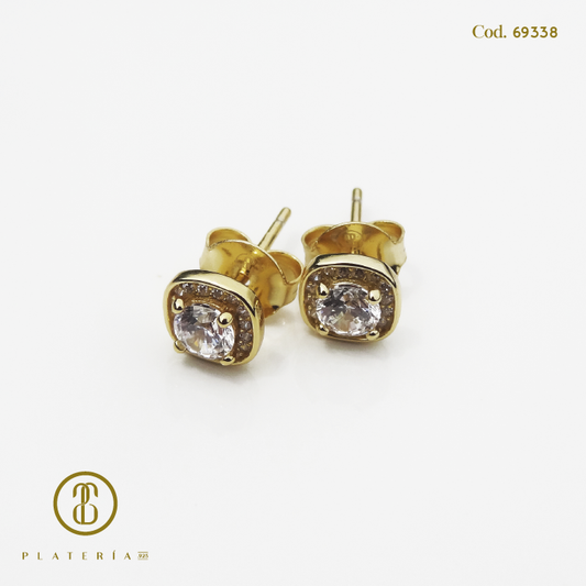 ARETE DORADO BAÑO 14K CUADRITO ZIRCON PLATA.925