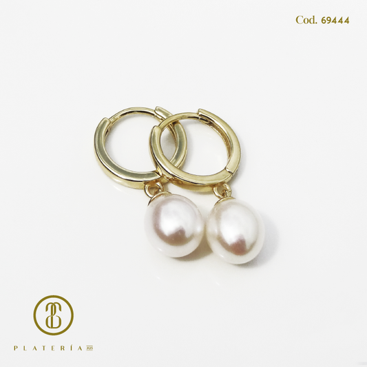 HUGGIE DORADO BAÑO 14K PERLA CULTIVADA PLATA.925