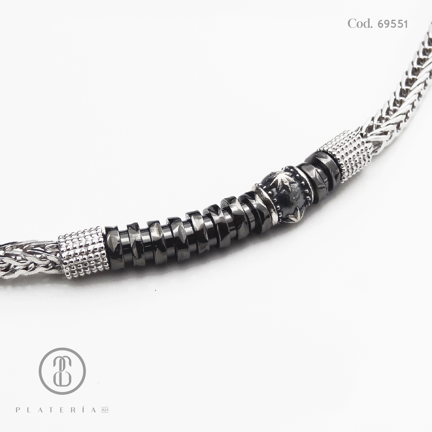 PULSERA RODINADA PARA CABALLERO 19CM TRENZADA CON NEGRO PLATA.925